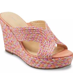 Marc Fisher Pink and Orange Woven Espadrille Wedge